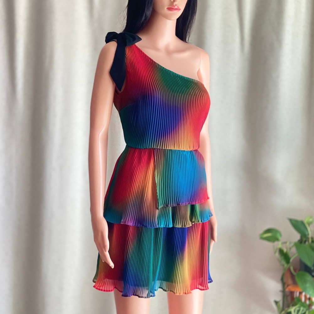 NWT CIEBON Ombre Pleat Mini Dress Rainbow‎ Pride One Shoulder Tiered Size XS